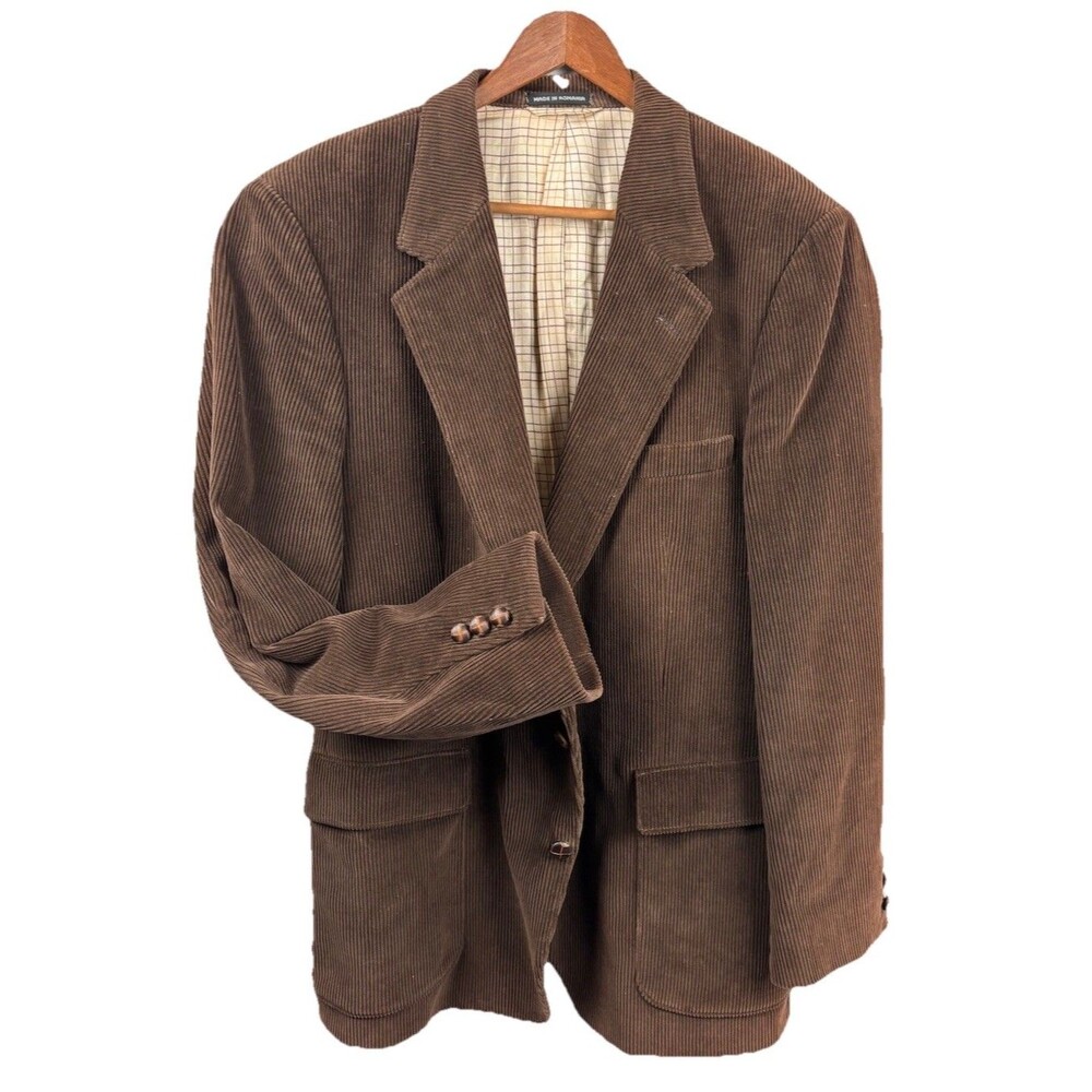 Vtg Sears The Mens Store Corduroy Blazer 44R Brown Leather 2-Button Sportcoat